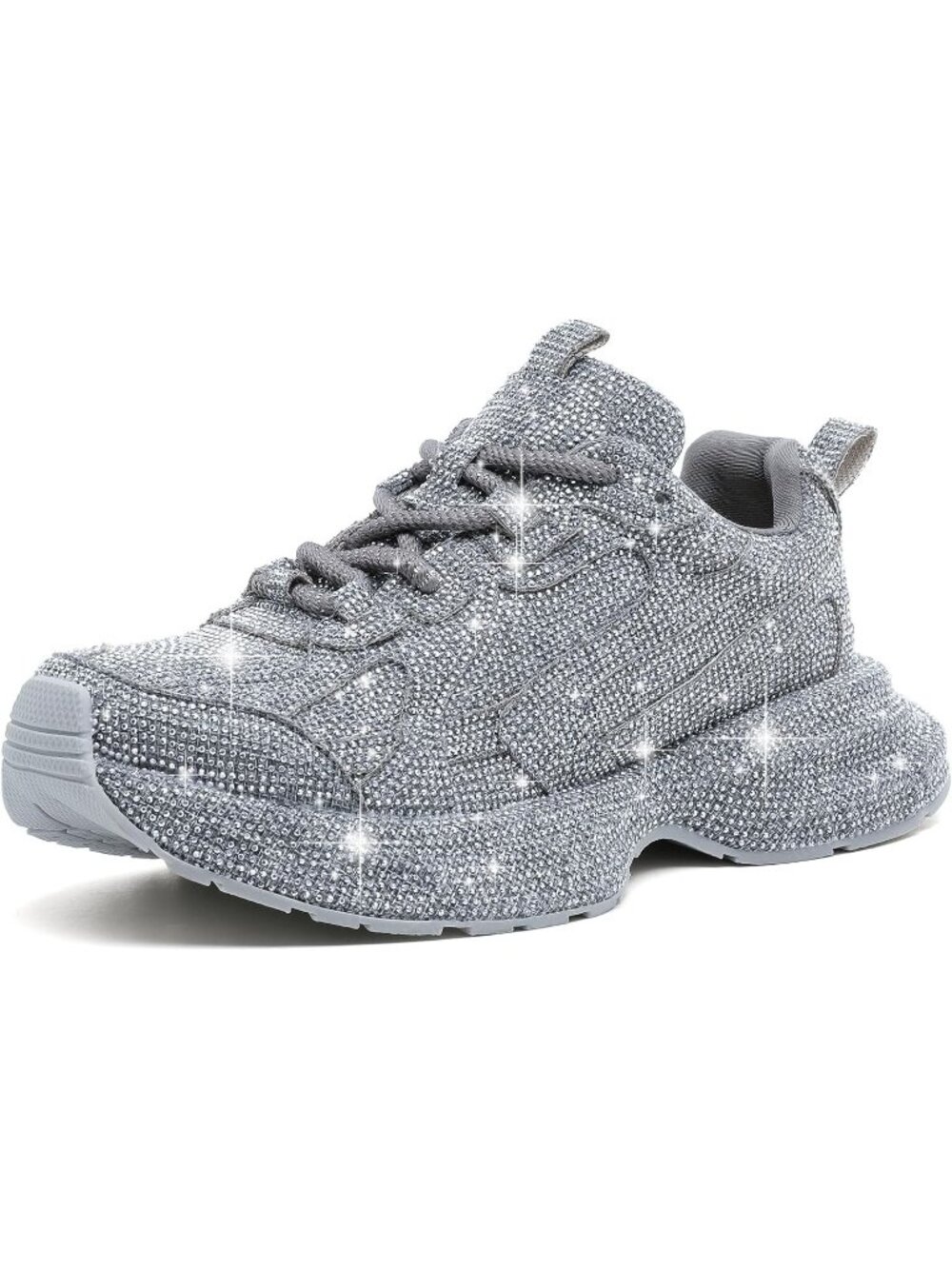 Women's Grey Sparkly Glitter Rhinestone Bling Dressy Walking Shiny Sneakers
